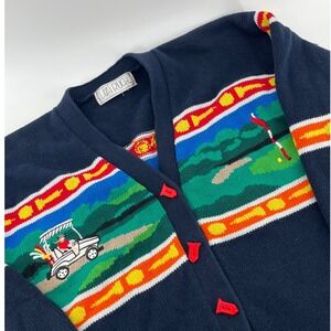 Lizi Ruch Vintage Golf Course Scenic Knit Cardigan Navy Blue Tee Button Womens M